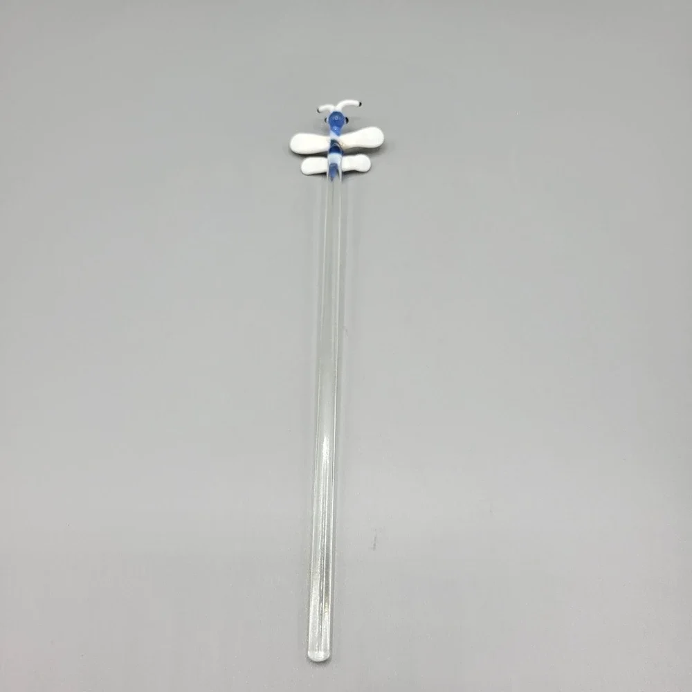 Set Of 4 Glass Stir Sticks Butterfly Dragonfly Retro Bar Swizzle Art Glass